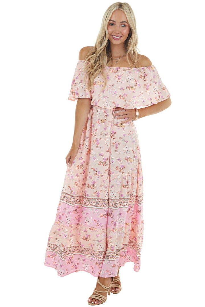 Light Peach Floral Print Off Shoulder Woven Maxi Dress