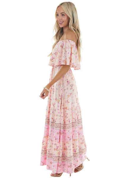 Light Peach Floral Print Off Shoulder Woven Maxi Dress