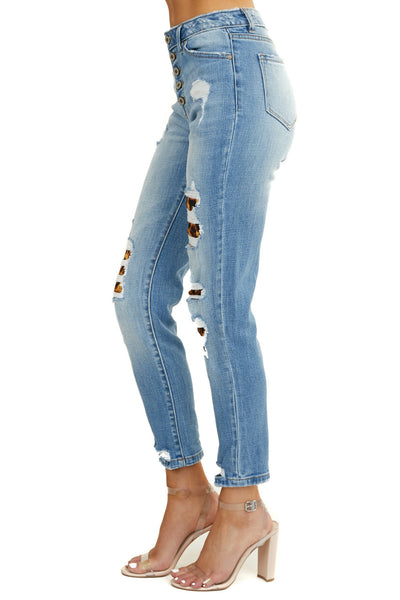 Light Wash Mid Rise Boyfriend Jeans with Leopard Patches 