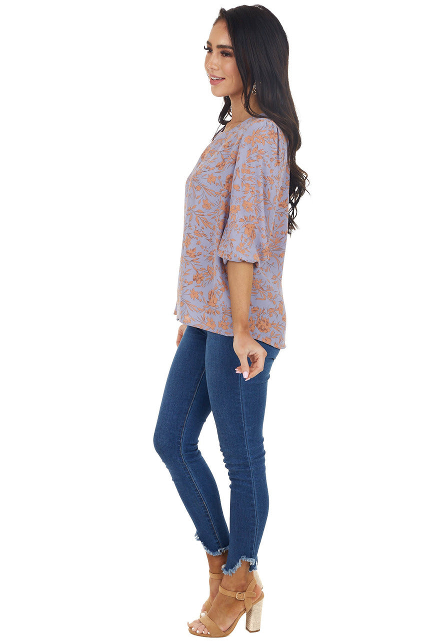 Lilac Floral Pattern 3/4 Sleeve Top with Back Keyhole Detail