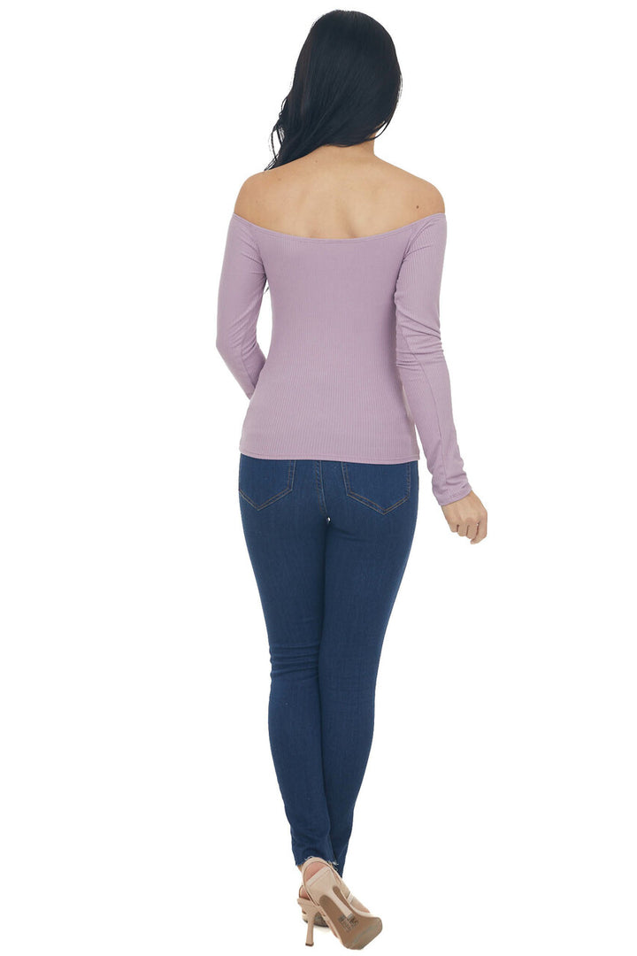 Lilac Off the Shoulder Ribbed Knit Top with Cut Out Detail