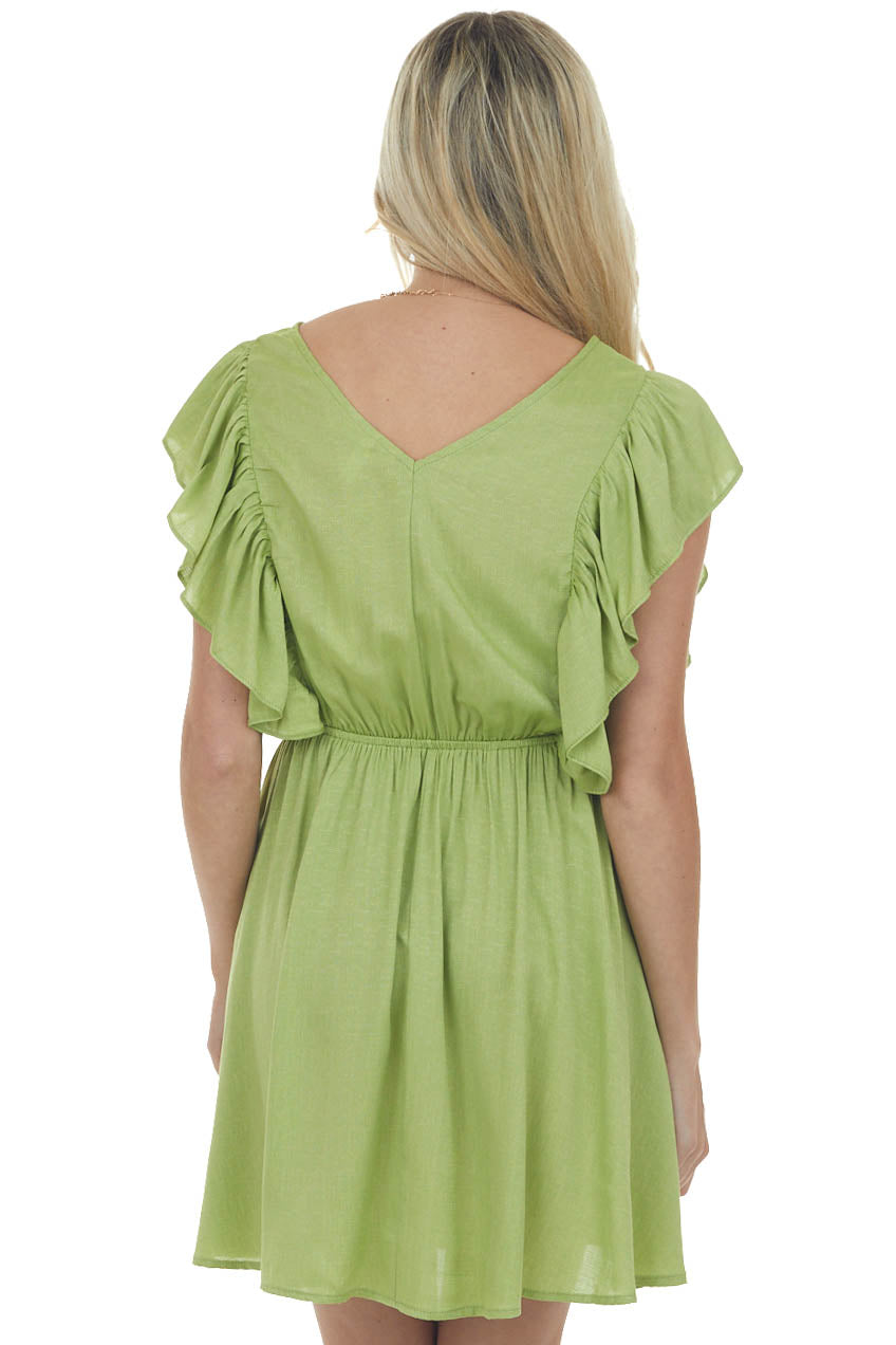 Lime Surplice Neck Ruffle Sleeve Short Dress