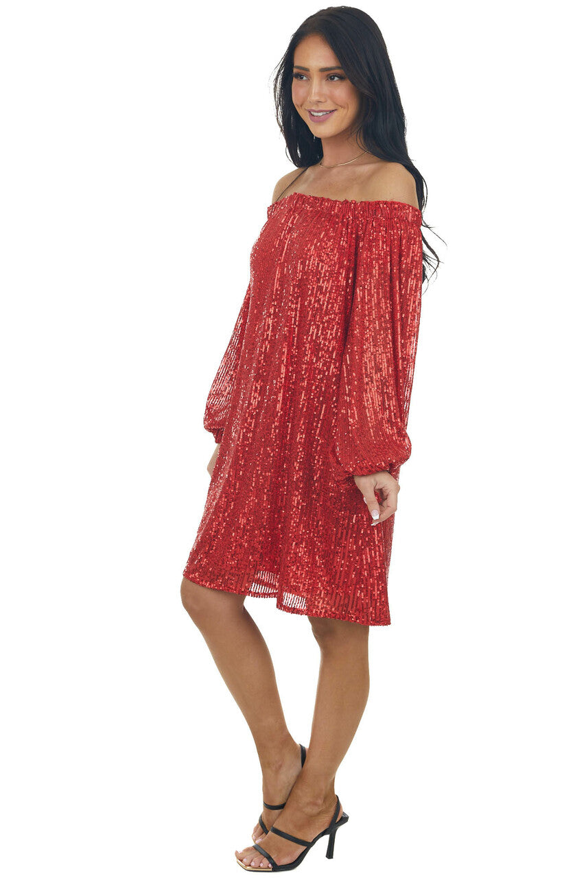 Lipstick Red Sequin Off Shoulder A Line Dress