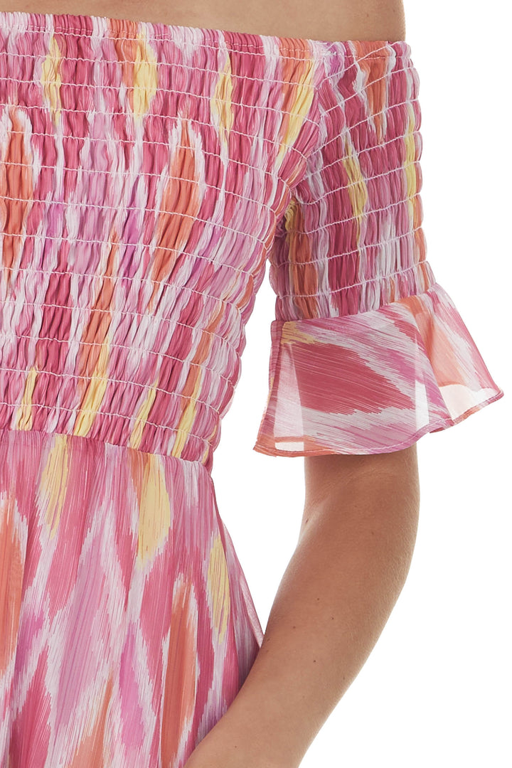 Magenta Abstract Print Smocked Off Shoulder Dress