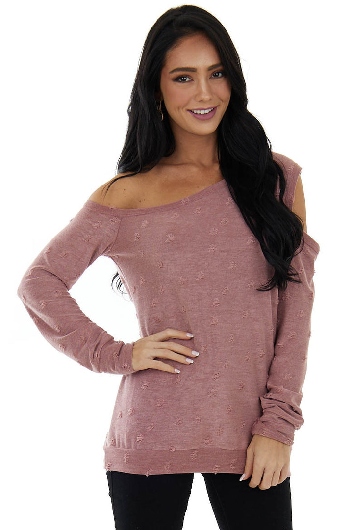 Marsala Distressed Terry Knit Cold Shoulder Top