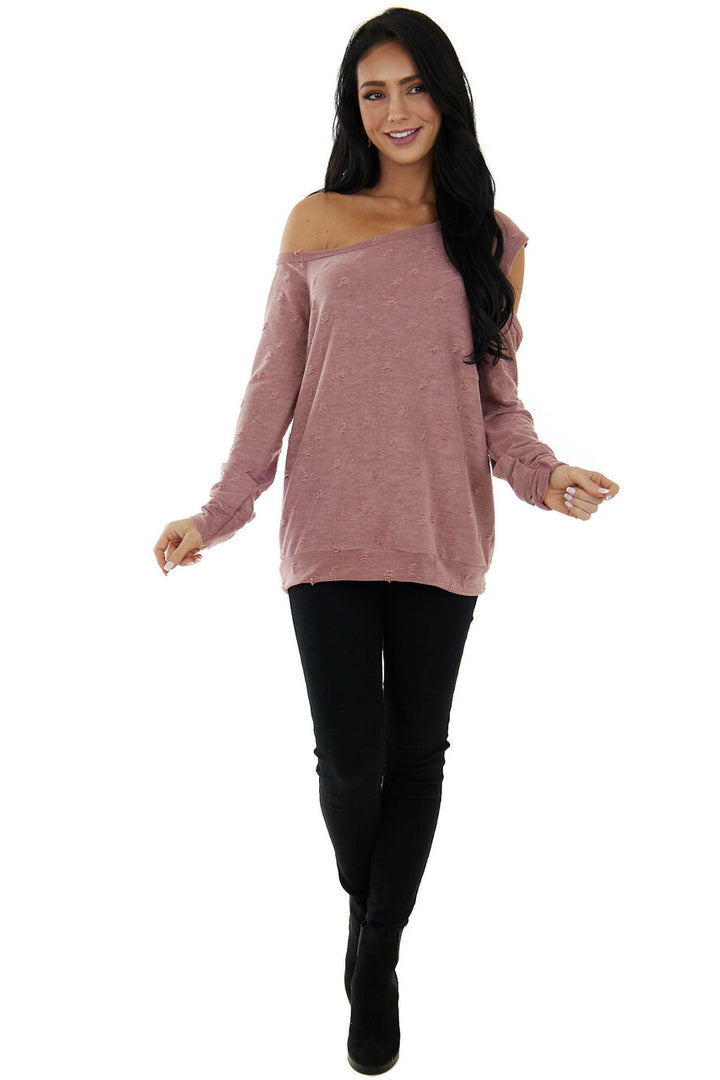 Marsala Distressed Terry Knit Cold Shoulder Top