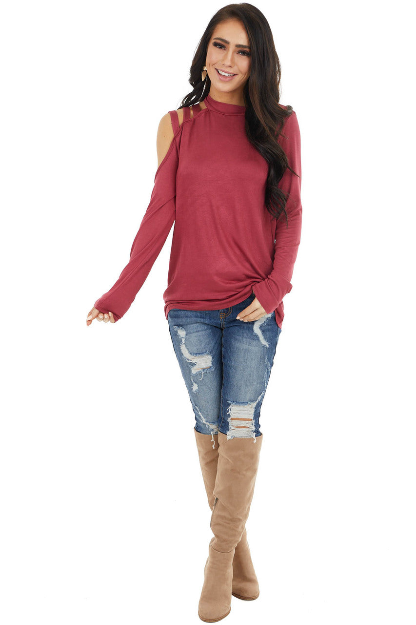 Marsala Long Sleeve Knit Top with One Caged Cold Shoulder