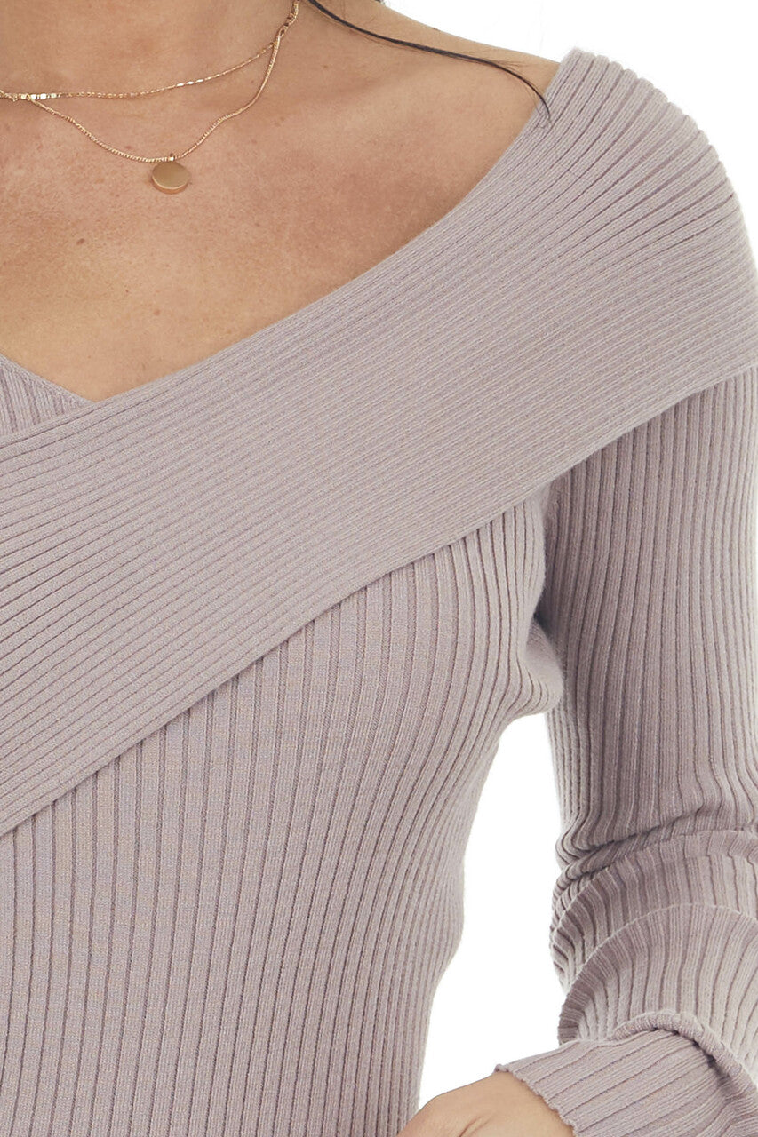 Mauve Asymmetrical Overlay Ribbed Knit Top 