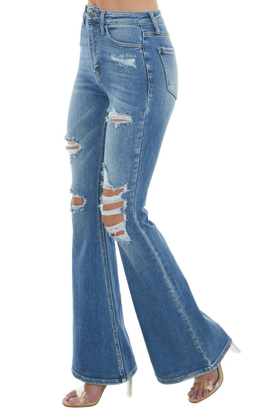 Medium Denim Distressed High Rise Flare Jeans 
