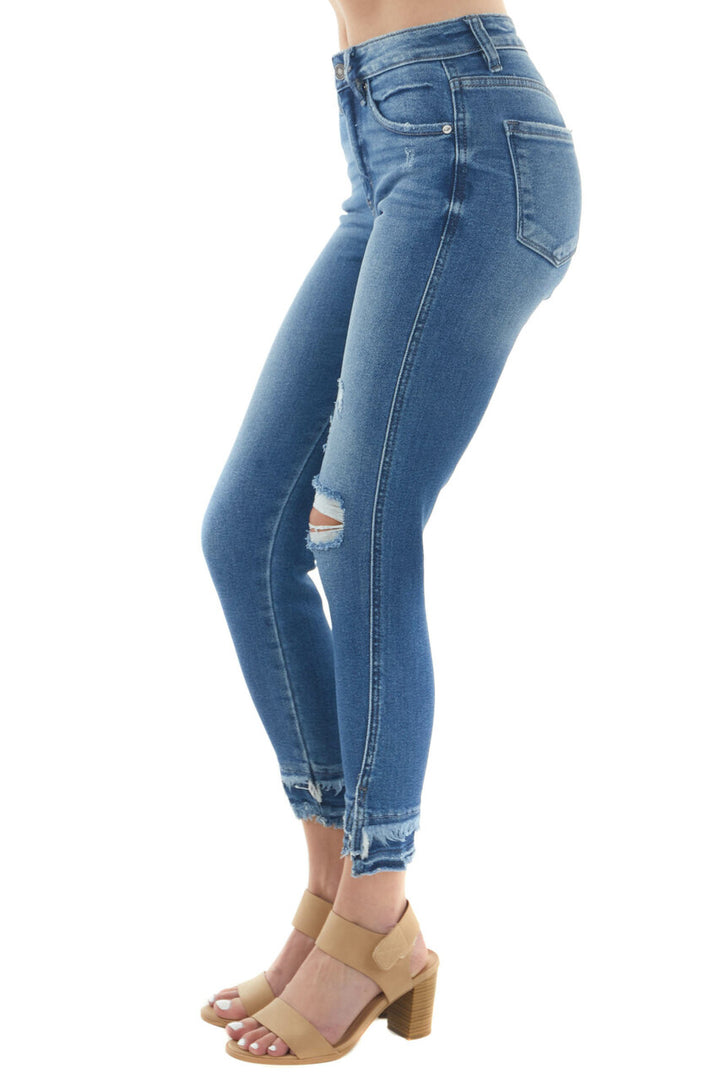 Medium High Rise Frayed Slit Hem Skinny Jeans 