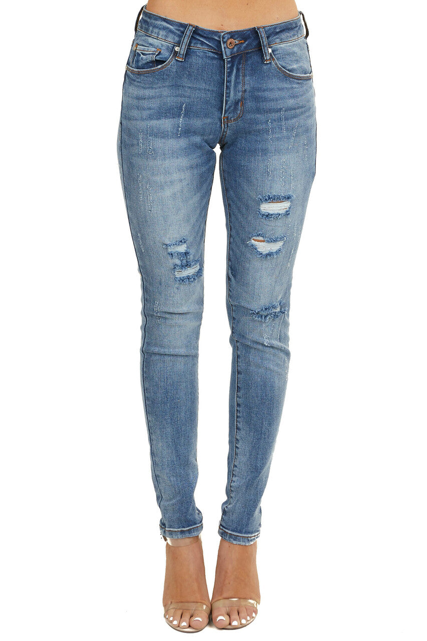 Medium Wash Denim Mid Rise Distressed Skinny Jeans 