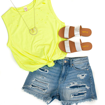 Medium Wash Distressed Denim Shorts with Frayed Hem