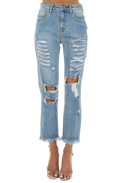 Medium Wash Distressed High Rise Jeans with Frayed Detail 