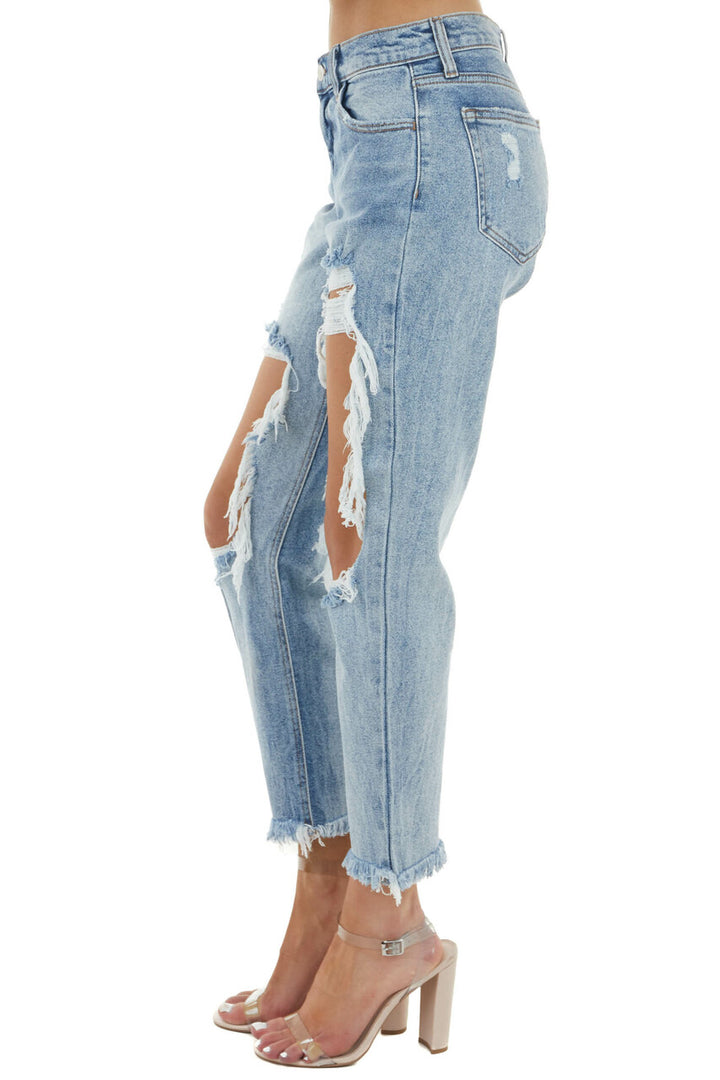 Medium Wash Mid Rise Distressed Jeans with Frayed Detail 
