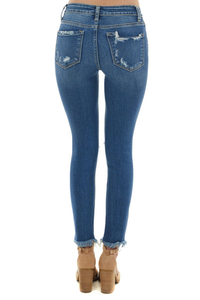 Medium Wash Mid Rise Frayed Hem Skinny Jeans