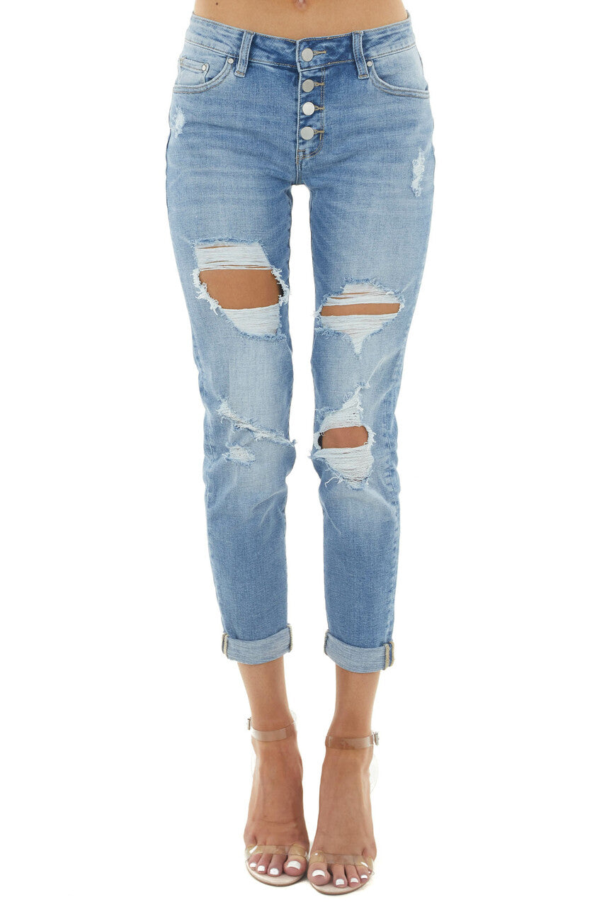 Medium Wash Mid Rise Relaxed Fitted Distressed Denim Jeans
