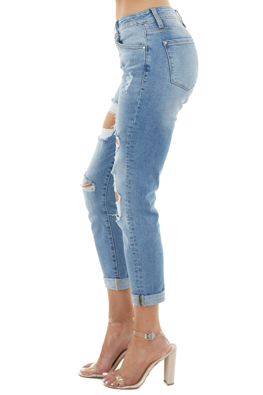 Medium Wash Mid Rise Relaxed Fitted Distressed Denim Jeans