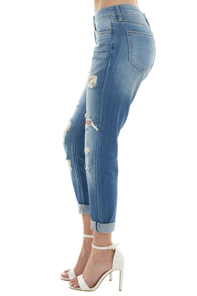 Mid Wash Mid Rise Heavy Torn Boyfriend Jeans