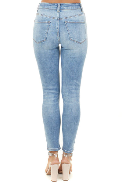 Midwash Denim High Rise Skinny Jeans with Button Up Closure