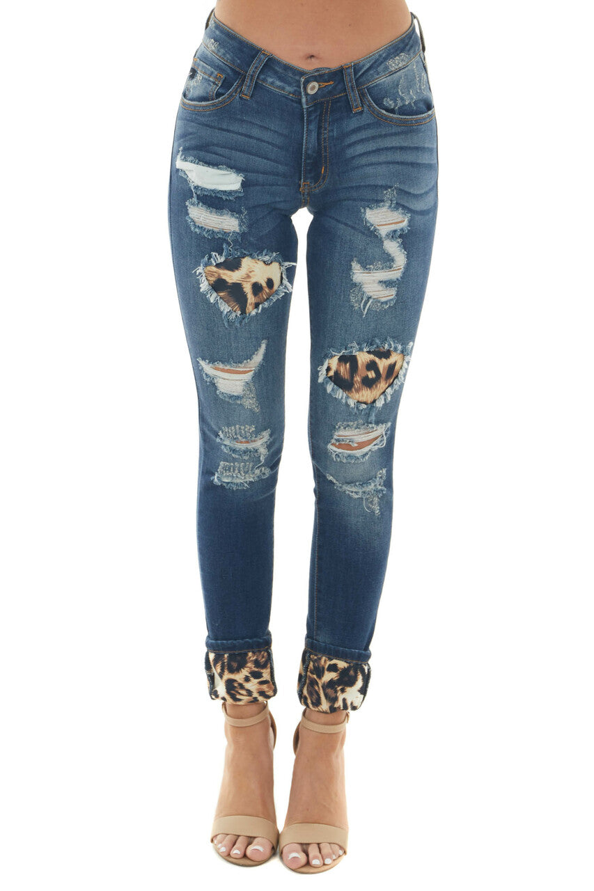 KanCan Midwash Skinny Jeans with Leopard Cuffed Hem and Patches | Lime Lush
