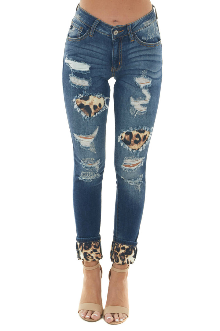 Midwash Skinny Jeans with Leopard Cuffed Hem and Patches