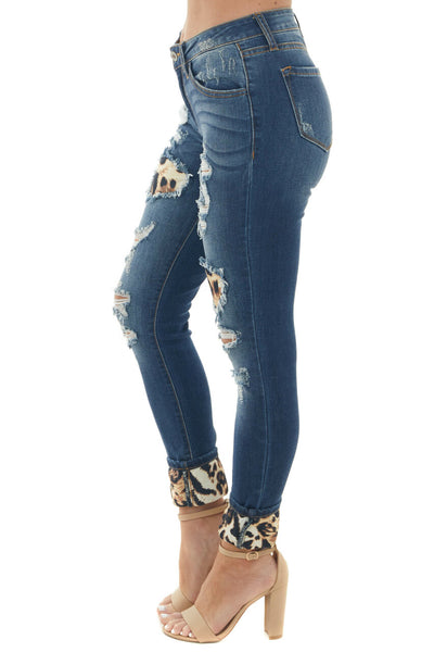 Midwash Skinny Jeans with Leopard Cuffed Hem and Patches