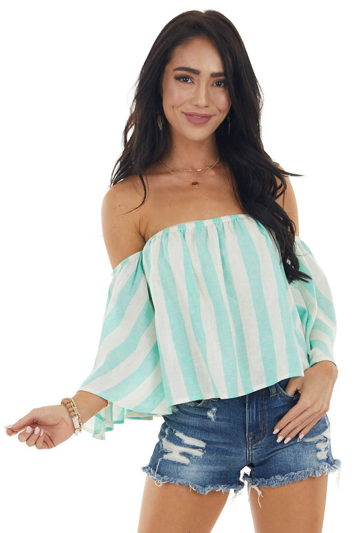 Mint Striped Off the Shoulder Flared Sleeve Blouse