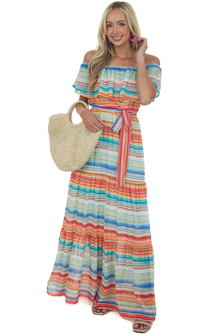 Multicolor Striped Off Shoulder Tiered Maxi Dress