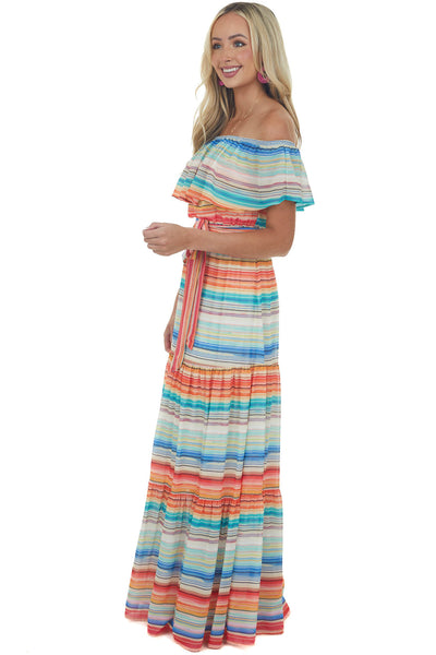 Multicolor Striped Off Shoulder Tiered Maxi Dress