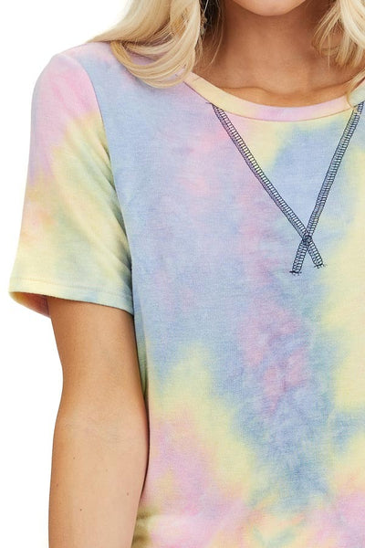 Multicolor Tie Dye Short Sleeve Top with Rounded Neckline