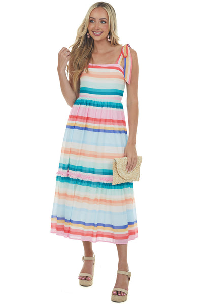 Multicolored Striped Sleeveless Tiered Midi Dress