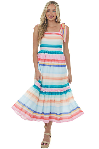 Multicolored Striped Sleeveless Tiered Midi Dress
