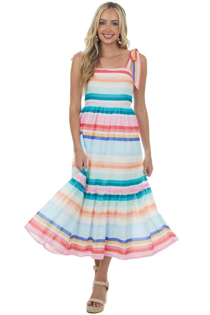 Multicolored Striped Sleeveless Tiered Midi Dress