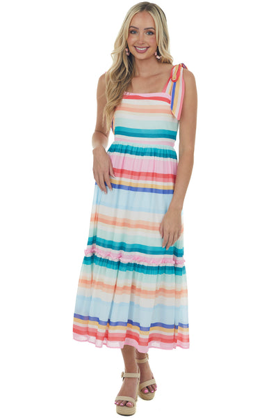 Multicolored Striped Sleeveless Tiered Midi Dress