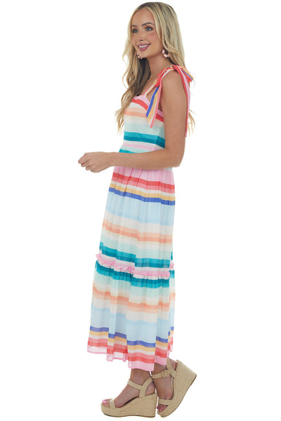 Multicolored Striped Sleeveless Tiered Midi Dress