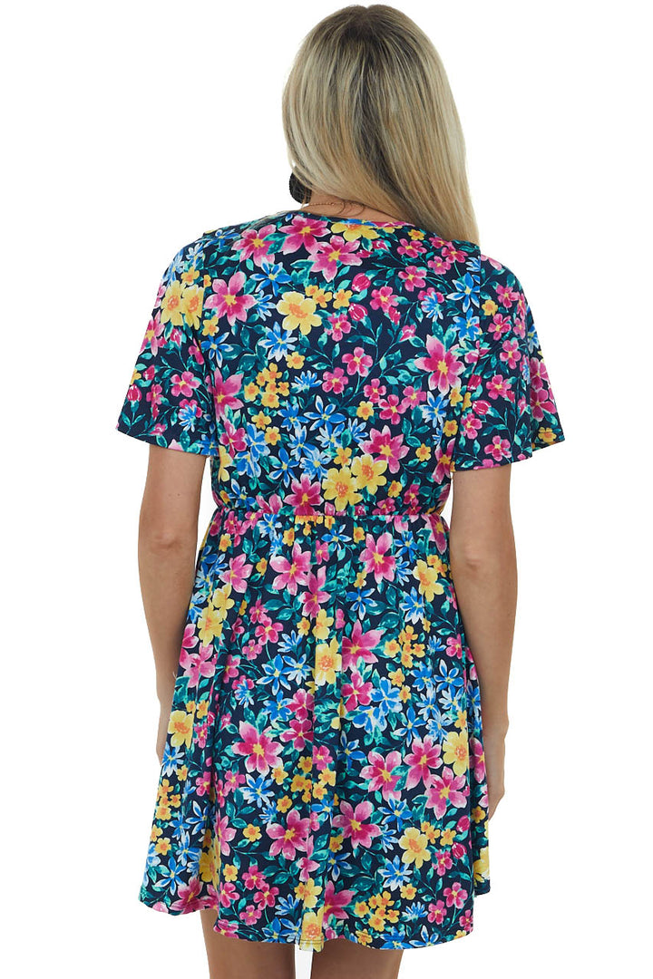 Navy Floral Print Surplice Knit Short Dress
