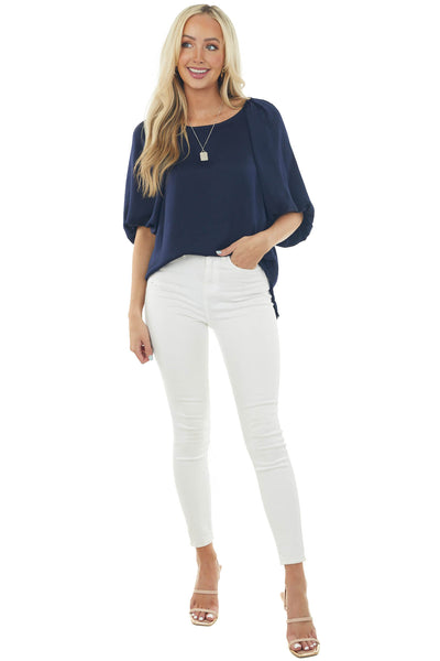 Navy Puff Sleeve Blouse with Side Slits