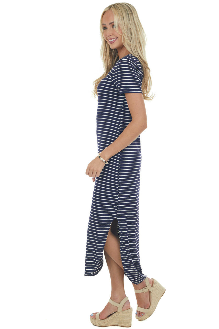 Cy Fashion Women's Navy Striped Chest Cut Out Ribbed Maxi Dress - Size S