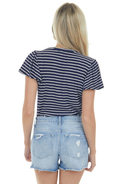 Navy Striped Flutter Sleeve Ribbed Knit Bodysuit 