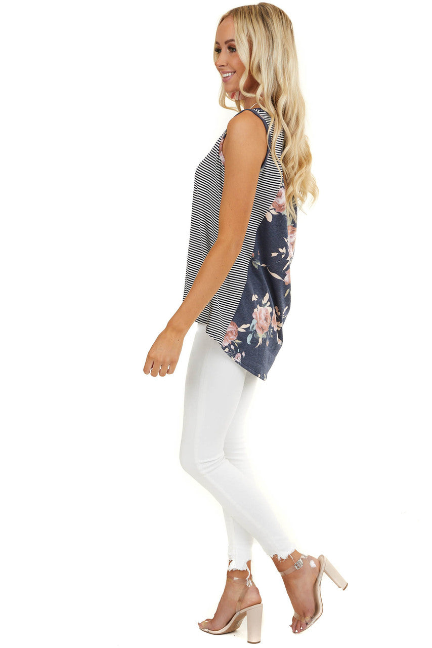 Navy Striped Print Tank Top with Back Floral Contrast 
