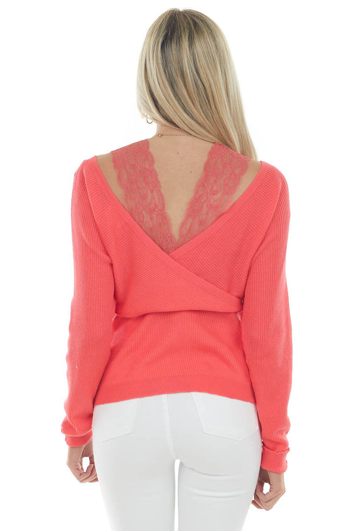 Neon Coral Lace Strap Ribbed Knit Light Sweater