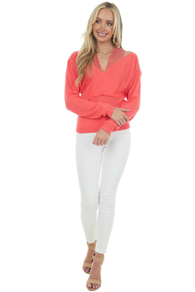 Neon Coral Lace Strap Ribbed Knit Light Sweater