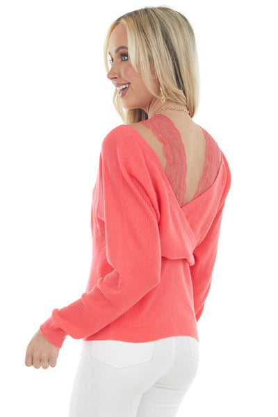 Neon Coral Lace Strap Ribbed Knit Light Sweater