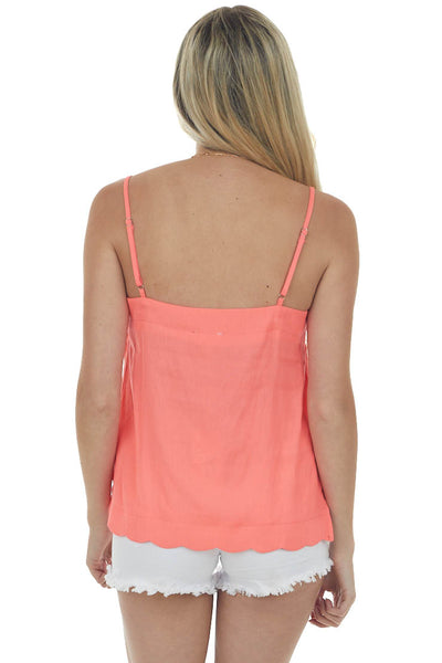 Neon Coral Scalloped Woven Top with Side Slits