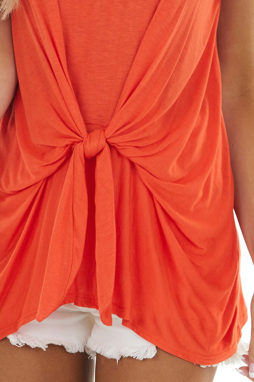 Neon Orange Sleeveless Knit Top with Front Tie Detail 