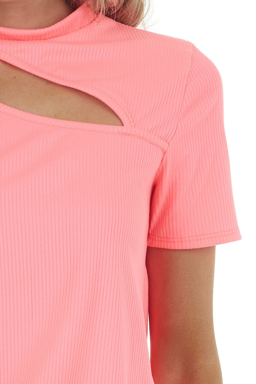Neon Pink Ribbed Short Sleeve Knit Top with Cut Out Detail