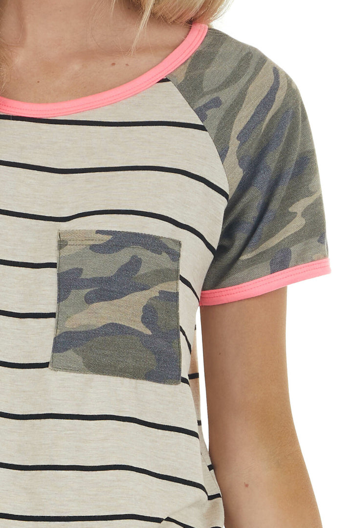 Oatmeal and Black Striped Knit Top with Camo and Neon Detail 