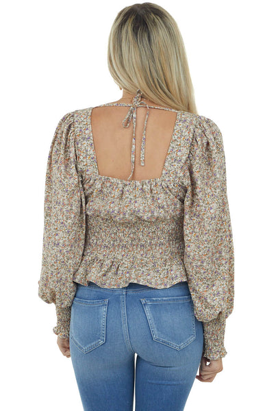Oatmeal Ditsy Floral Puff Sleeve Peplum Blouse