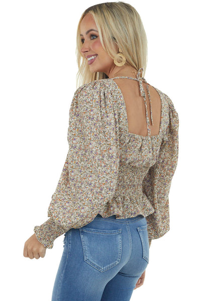 Oatmeal Ditsy Floral Puff Sleeve Peplum Blouse