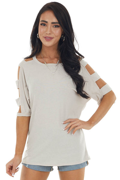 Oatmeal Knit Top with Ladder Cut Out Half Length Sleeves